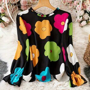 Ruffle Flower Print Blouse, Cute Long Sleeve Blouse Women - Size Medium